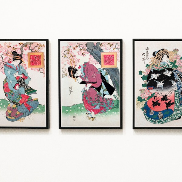 Geishas set illustration- Japanese woman by Keisai Eisen - 3 prints set -canvas poster- wall decor