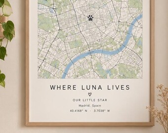 Personalized Pet Map Poster, Custom Dog or Cat Map, Where Luna Lives, Pet Lover Gift, Personalized Pet Wall Art