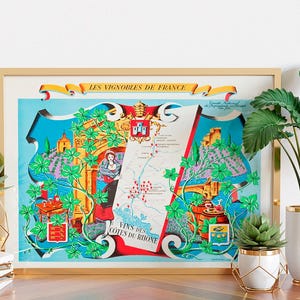 Affiche vintage des régions viticoles françaises – Carte des vins murale, décoration de voyage en France imprimable