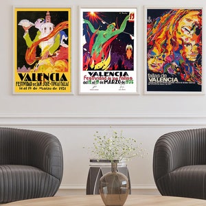 May include: Three vintage posters advertising the "Fallas de Valencia" festival in Valencia, Spain. The posters feature colourful illustrations and the text "Valencia" and "Fallas de Valencia".
