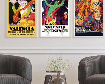 Fallas Festival Vintage Poster Set - Spain Travel Wall Art - Retro Valencia Prints-Digital Download – Instant Wall Art