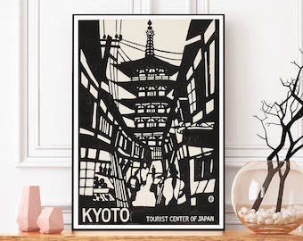 Vintage Travel- Kyoto Travel Poster -Tourist Center Japan 1950s- canvas poster- deco wall