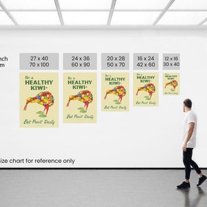 May include: A size chart for a set of five vintage-style posters featuring a kiwi bird with a variety of fruits on its back. The posters are titled "Be a Healthy Kiwi" and feature the text "Eat Fruit Daily". The posters are available in five different sizes: 27 x 40 inches, 24 x 36 inches, 20 x 28 inches, 16 x 24 inches, and 12 x 16 inches.