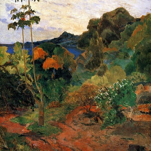May include: A painting of a lush tropical landscape with two tall palm trees in the foreground. The trees are silhouetted against a cloudy sky, and the background features a distant mountain range and a body of water. The painting is done in a style reminiscent of Impressionism, with bold brushstrokes and vibrant colors.