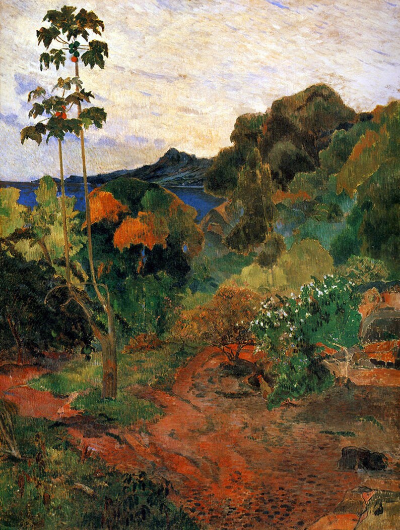 May include: A painting of a lush tropical landscape with two tall palm trees in the foreground. The trees are silhouetted against a cloudy sky, and the background features a distant mountain range and a body of water. The painting is done in a style reminiscent of Impressionism, with bold brushstrokes and vibrant colors.