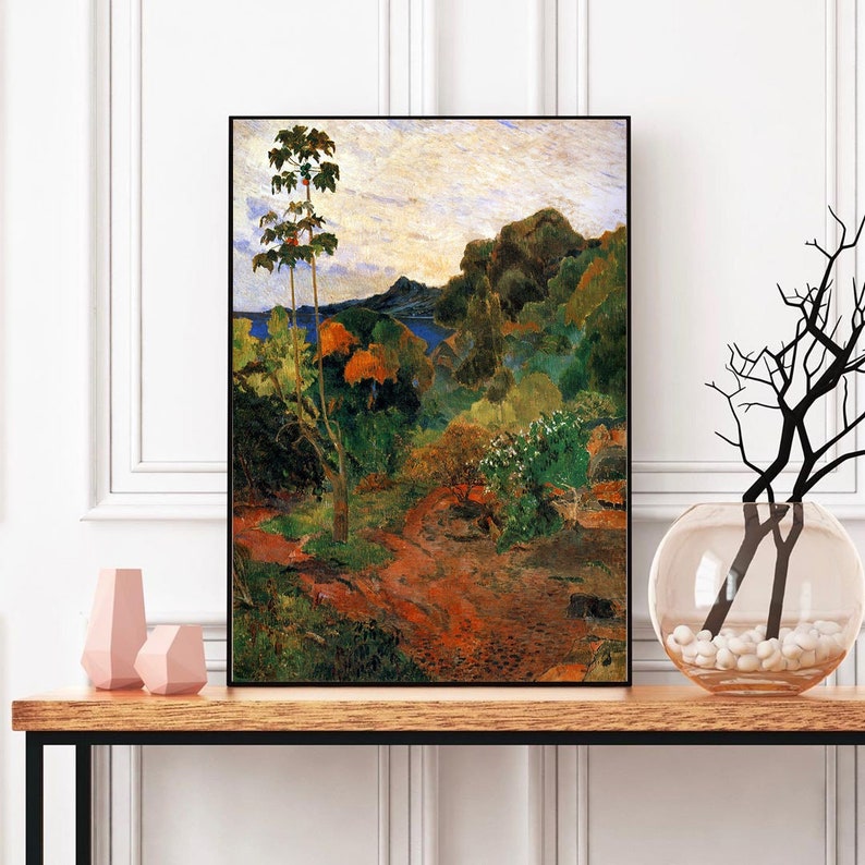 May include: A painting of a lush tropical landscape with a winding path leading through the foliage. The scene features vibrant green and orange trees, a blue sky with white clouds, and a distant mountain range.