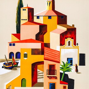 May include: A vintage travel poster for Air France featuring a stylized illustration of a Spanish village with a church, palm trees, and a boat. The poster is in shades of yellow, orange, red, and blue, with the text "AIR FRANCE" and "SPAIN" in bold letters.