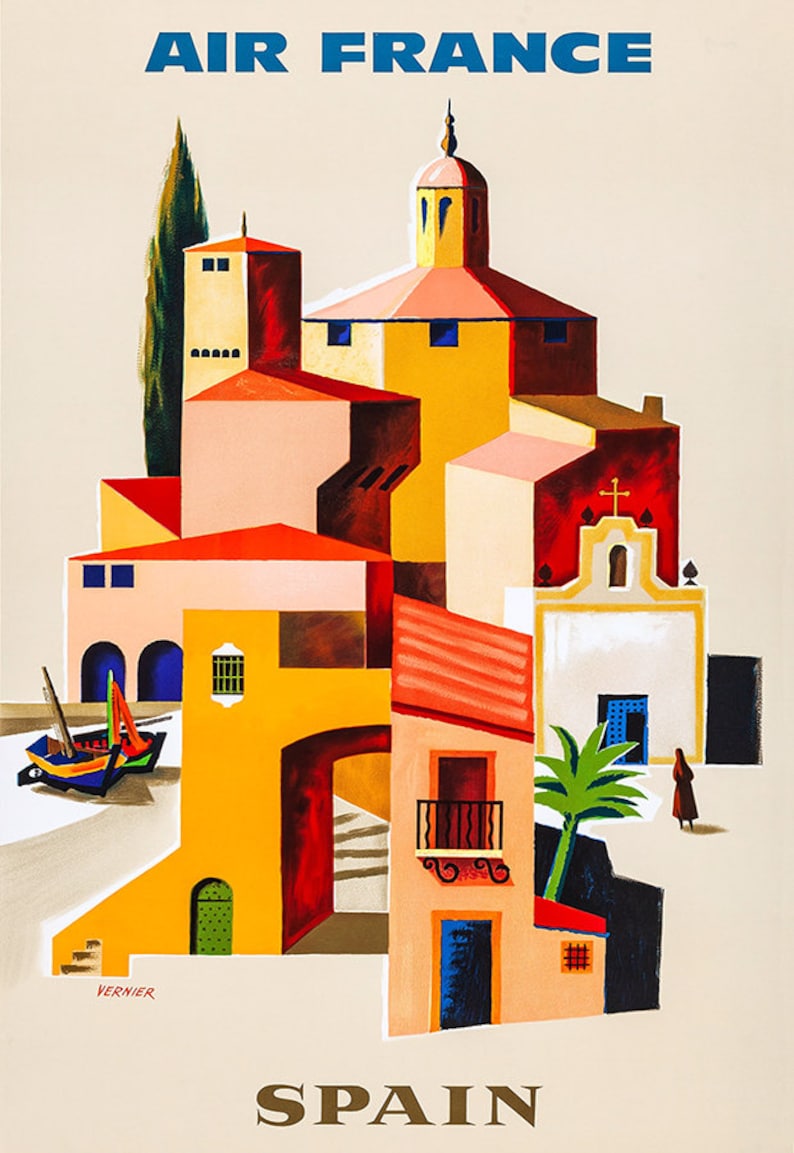 May include: A vintage travel poster for Air France featuring a stylized illustration of a Spanish village with a church, palm trees, and a boat. The poster is in shades of yellow, orange, red, and blue, with the text "AIR FRANCE" and "SPAIN" in bold letters.