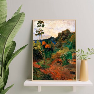 May include: A framed painting depicting a lush tropical landscape with a tall tree in the foreground and a mountain range in the background. The painting is done in a vibrant palette of greens, browns, and oranges.
