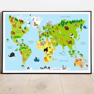 Wereldkaartposter voor kinderen - Dierenkaart voor de kinderkamer - Educatieve kaart van wilde dieren - Dierenmuurkunst voor de kinderkamer | Grote canvasposter