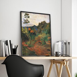 May include: A framed painting of a landscape with a tall tree in the foreground and a mountain range in the background. The painting is done in a style reminiscent of Impressionism, with bold brushstrokes and vibrant colors.
