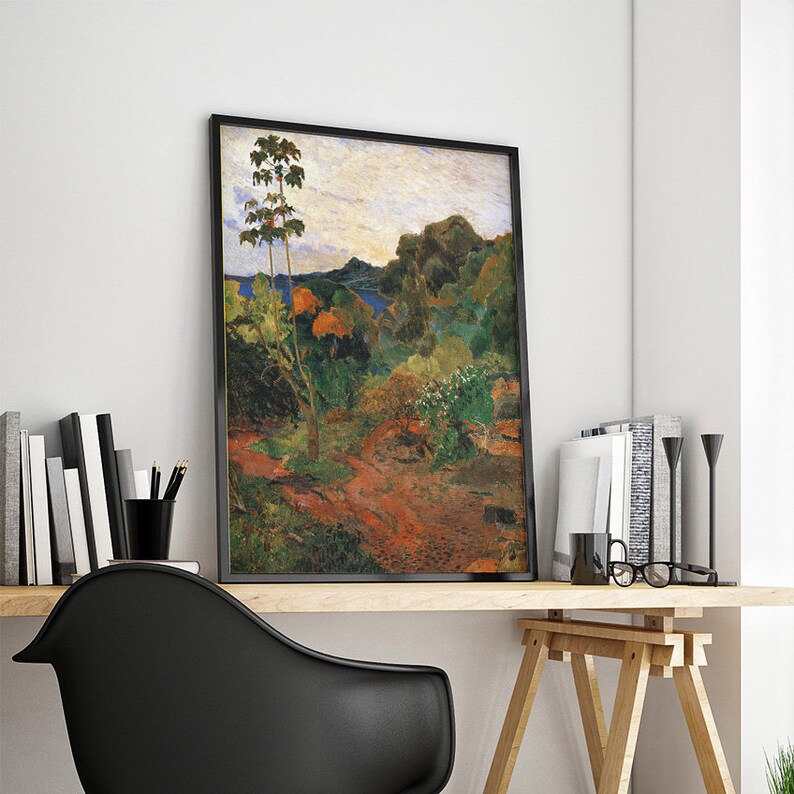 May include: A framed painting of a landscape with a tall tree in the foreground and a mountain range in the background. The painting is done in a style reminiscent of Impressionism, with bold brushstrokes and vibrant colors.