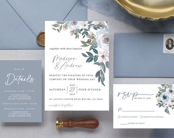 Dusty Blue Wedding Invitation | Dusty Blue | Classic Wedding Invites | 3 Piece Wedding Invitation Suite | Invitation, RSVP, Details Card