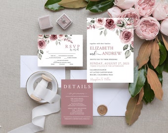 May include: Wedding invitation suite with a floral design. The invitation features a watercolor illustration of pink roses and greenery. The text on the invitation reads "Elizabeth and Andrew" and includes the date and time of the wedding. The RSVP card features a floral design and the text "RSVP by July 1st". The details card features a floral design and the text "Details".