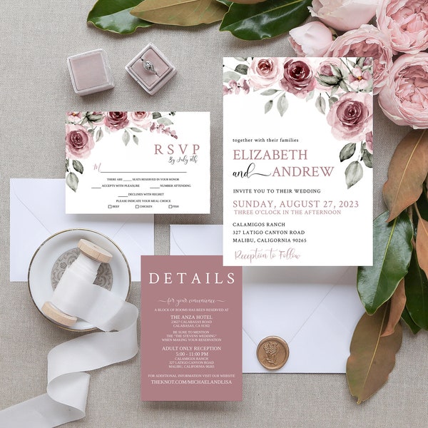 Dusty Rose Wedding Invitation | Dusty Rose | Dusty Rose Invites | 3 Piece Wedding Invitation Suite | Invitation, RSVP, Details Card