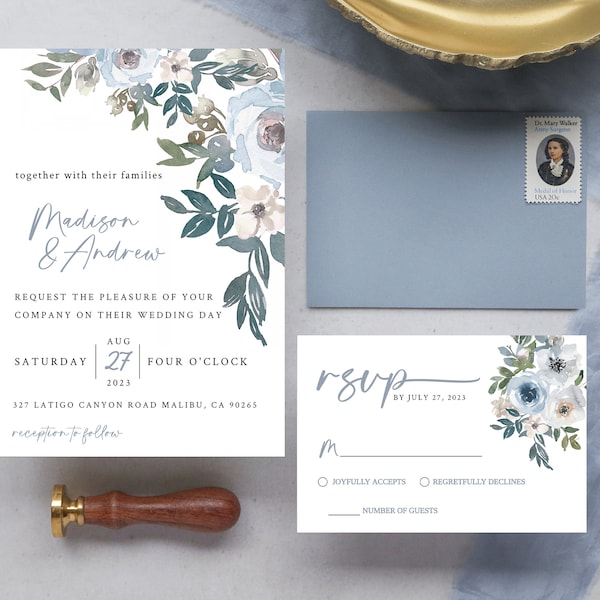 Dusty Blue Wedding Invitation | Dusty Blue | Classic Wedding Invites | 2 Piece Wedding Invitation Suite | Invitation, RSVP