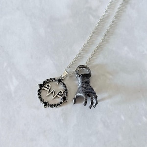 Addams Initial W Rotating Talisman Thing Hand Necklace, Thing Hand Halloween Cosplay Necklace