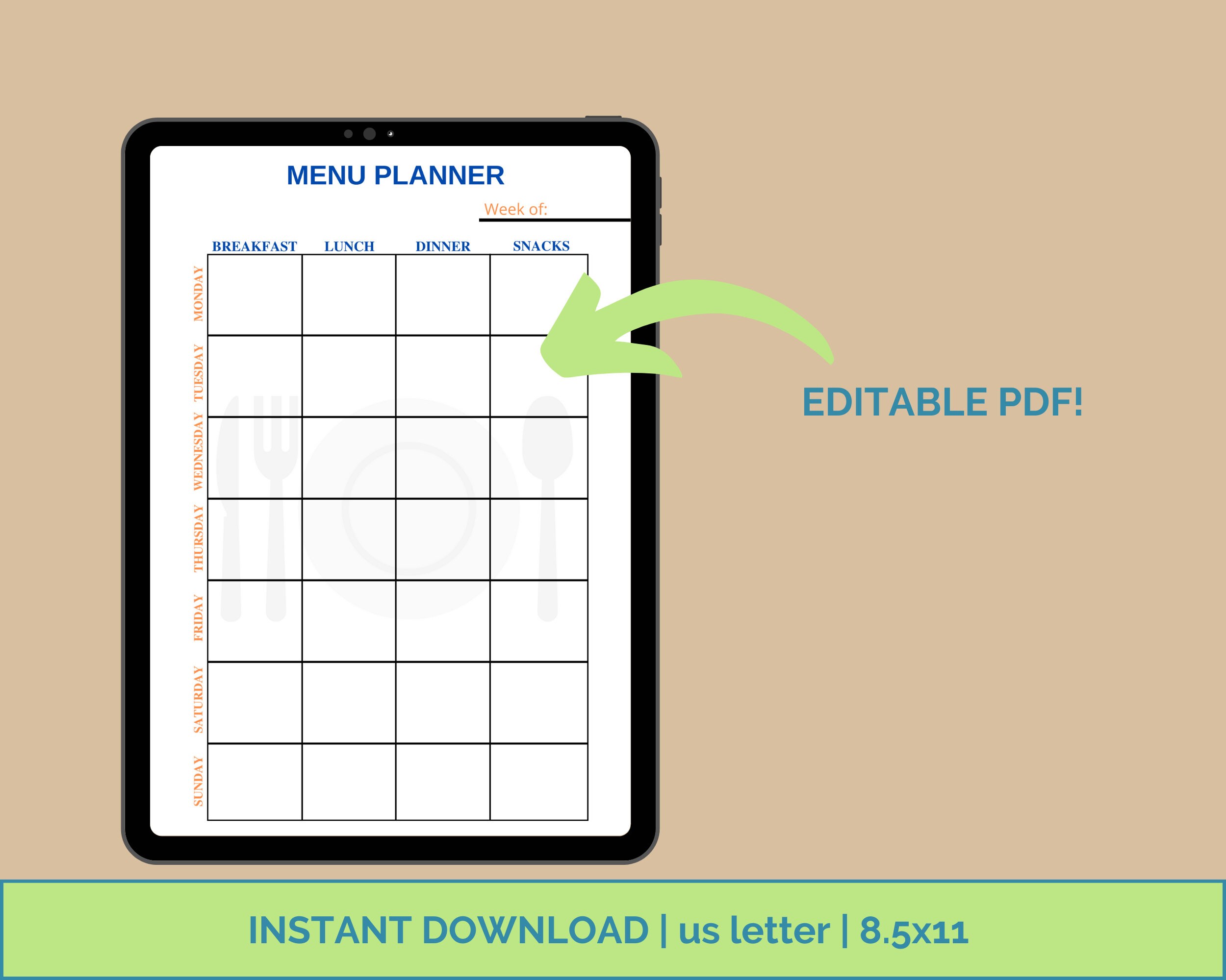 Editable Weekly Meal Planner | Fillable PDF | Printable Meal Planner ...