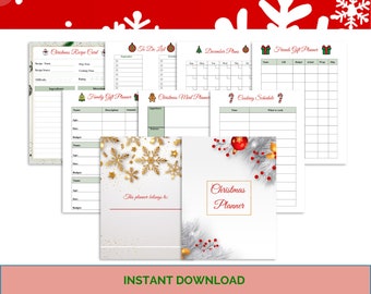 May include: Printable Christmas planner with a festive design featuring snowflakes, ornaments, and a Christmas tree. The planner includes sections for to-do lists, gift planning, meal planning, and a cooking schedule.