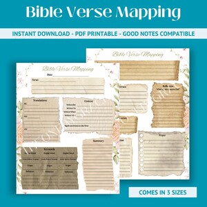 May include: Printable Bible verse mapping templates with a vintage paper aesthetic. The templates include sections for verses, translations, context, and reflection. The design features floral accents and the text "Bible Verse Mapping".