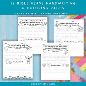 May include: A collection of 12 Bible verse handwriting and coloring pages. Each page features a different verse with space for writing and simple illustrations. The pages are US letter size and available for instant download.