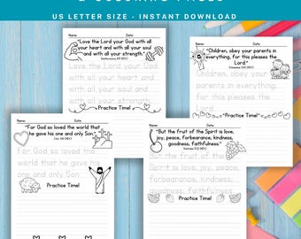 12 páginas para colorear y escribir versículos bíblicos para niños / Práctica de escritura cristiana imprimible / Copia de las Escrituras / Aprendizaje basado en la fe