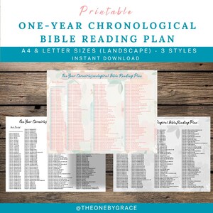 May include: Printable one-year chronological Bible reading plan in A4 and letter sizes. The image shows three styles of the reading plan, with floral accents and a teal banner. The text includes "Instant Download".