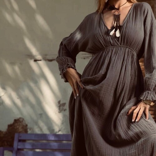 grey empire waist dress Gray Medieval-Inspired Empire Waist Gown in Grey Velvet Long Sleeve Medieval Dress with Embroidered Trim Plus Size Size 6 / Without Shawl / Gray