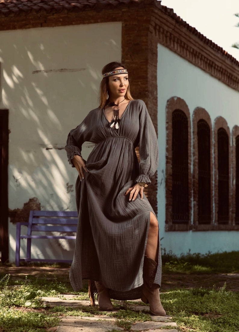 empire waist dress cotton Long Sleeve Maxi Dress. Dress. Organic Boho Dress. Grey Dress. Cottagacore or outdoor summer events Empire Waist Boho Dress for