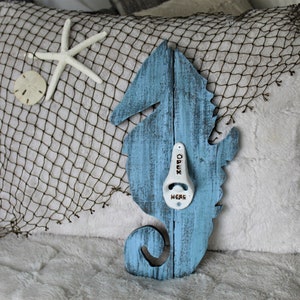 Wooden Sea Horse reclaimed wood.  Hand painted , ocean art, can  opener