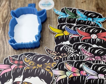 Mom Life: Messy Bun Girl-Glasses Buffalo Plaid, Leopard, Tie Dye Silicone Mold, Aroma Bead Molds, Car Freshie Mold, Premium Cardstock Images