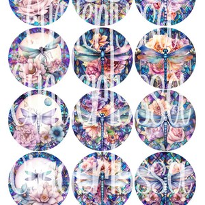 May include: Twelve round, colorful, stained glass-style images featuring a dragonfly with floral accents. The images are perfect for crafting projects like coasters, ornaments, or jewelry.