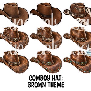 May include: A collection of nine brown cowboy hats arranged in a grid. The hats feature various designs including plain leather, cowhide patterns, leopard print accents, silver star conchos, and turquoise stone embellishments. Text reads: COWBOY HAT: BROWN THEME.