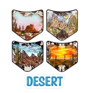 May include: Four desert-themed designs in shield shapes with a cowhide pattern border. Each design features a different desert landscape with cacti, mountains, and a sunset. The word "DESERT" is written in blue letters.