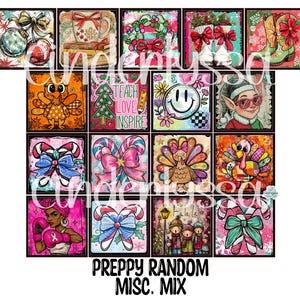 May include: A collection of colorful, preppy-style digital art prints. The images include holiday-themed designs such as ornaments, wreaths, boots, and candy canes. Other images include a turkey, a smiley face, and an elf. The text "PREPPY RANDOM MISC. MIX" is at the bottom.