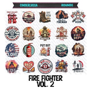 May include: A set of 20 round sublimation designs featuring firefighter themes. The designs include images of firefighters, fire trucks, fire hydrants, and other fire-related imagery. The designs are perfect for creating custom mugs, t-shirts, phone cases, and other personalized items.