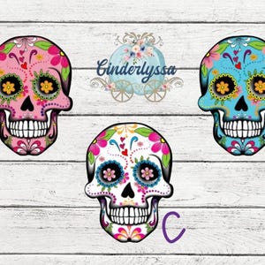 May include: Three colorful sugar skull designs. One is pink with floral accents, another is blue with floral accents, and the third is white with floral accents. Each skull has a detailed floral design and a smiling mouth.