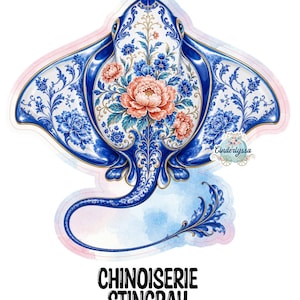 May include: A die-cut sticker of a stingray featuring a blue and white floral pattern with peach-colored peonies. The design includes intricate scrollwork and the text Cinderlyssa and Chinoiserie Stingray in black lettering at the bottom.