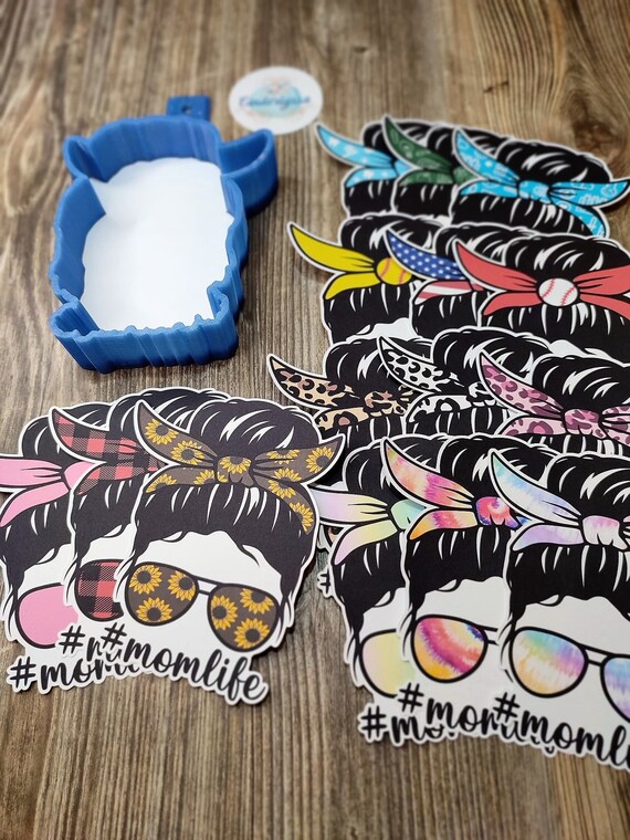 Mom Life: Messy Bun Girl-Glasses Buffalo Plaid, Leopard, Tie Dye Silicone Mold, Aroma Bead Molds, Car Freshie Mold, Premium Cardstock Images