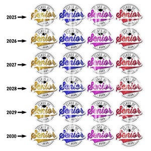 May include: A set of 20 graduation stickers featuring the text "Class of" and the year 2025 through 2030. The stickers are in four different color schemes: gold and black, blue and white, pink and white, and red and white. Each sticker has a graduation cap and a soccer ball graphic.