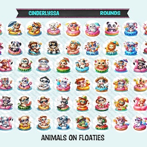 May include: A collection of round stickers featuring watercolor illustrations of various animals, such as pandas, tigers, and flamingos, relaxing on inflatable floats. The stickers have the text "CINDERLYSSA ROUNDS" and "ANIMALS ON FLOATIES".