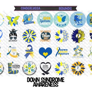 May include: A collection of round designs with blue and yellow themes, promoting Down Syndrome awareness. The designs include ribbons, butterflies, hearts, and text such as "World Down Syndrome Day" and "Support Down Syndrome Awareness."
