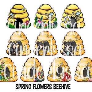 May include: Ten digital clipart images of beehives with spring flowers.  The beehives are yellow and have black and white bees.  Some beehives have bears in them.  The flowers are pink, purple, yellow, and blue.