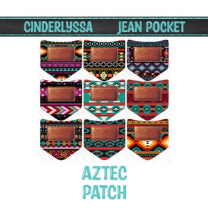 May include: Nine different jean pocket patches with an Aztec design. The patches are in various colors, including red, blue, black, white, and brown. The patches are all in the shape of a triangle with a rounded top.