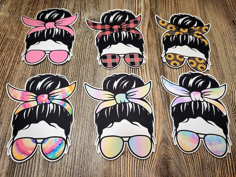 May include: Six black and white silhouette images of a person with a messy bun hairstyle wearing sunglasses and a patterned headband. The headbands are pink, red and black plaid, yellow with sunflowers, light blue tie-dye, purple tie-dye, and pink tie-dye.