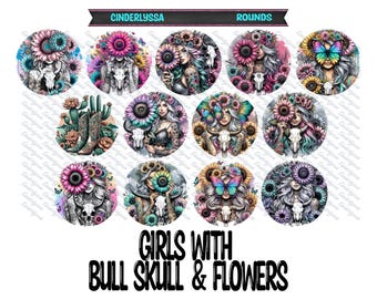 3 inch Round: Girls With Bull Skulls & Flowers Cardstock Only for freshies -NO MOLD for Aroma Bead Molds, Premium Cardstock Image
