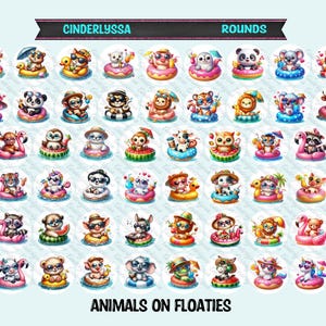 May include: A collection of round stickers featuring watercolor illustrations of various animals, such as pandas, tigers, and flamingos, relaxing on inflatable floats. The stickers have the text "CINDERLYSSA ROUNDS" and "ANIMALS ON FLOATIES".