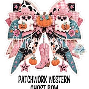 May include: A decorative bow featuring a patchwork design with pink gingham, black and white cow print, and teal fabric. It includes ghost figures in pink cowboy hats, orange pumpkins, black bats, pink stars, and a central pink cowboy boot charm.