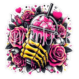 May include: A black and yellow skeleton hand holding a pink and black iced drink with a straw. The drink is surrounded by pink roses and hearts.