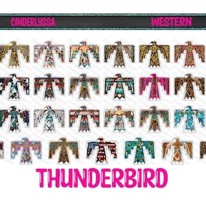 May include: A collection of Thunderbird designs in various patterns and colors, including animal prints, turquoise, and the American flag. The word "THUNDERBIRD" is displayed in pink, with the words "CINDERLYSSA" and "WESTERN" above.